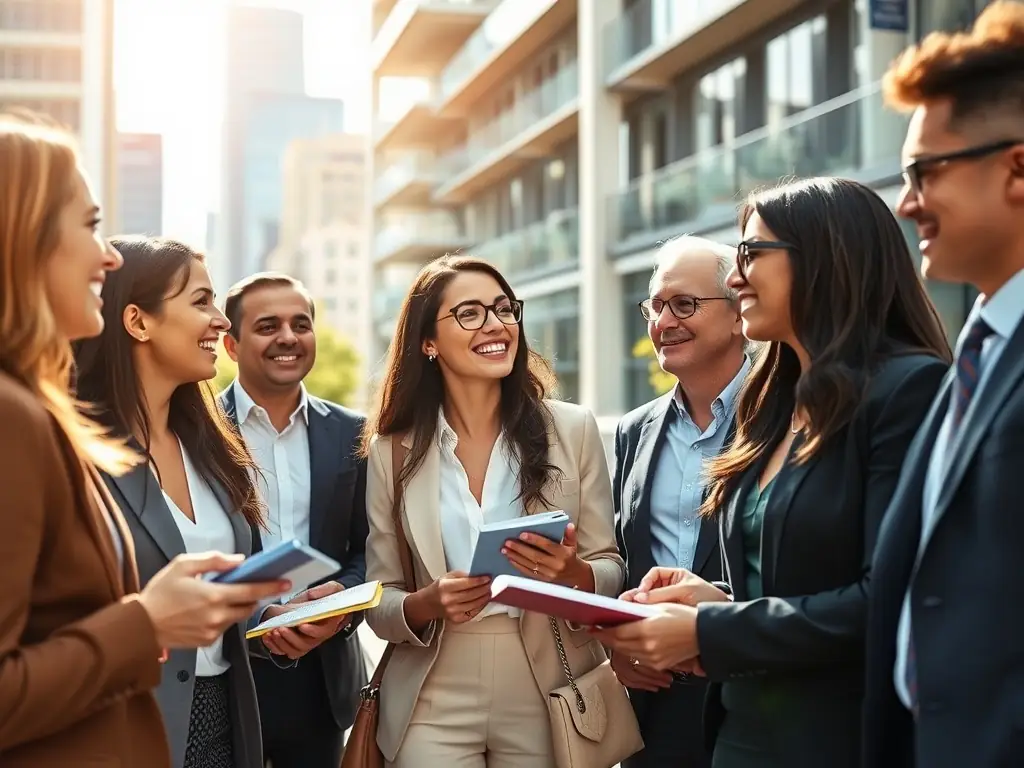 A vibrant photograph capturing a business conference in London, featuring a diverse group of attendees networking during a coffee break, with iconic London landmarks visible in the background.